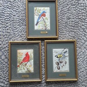 Gold Framed Bird Silk Embroidery Art Set Of 3